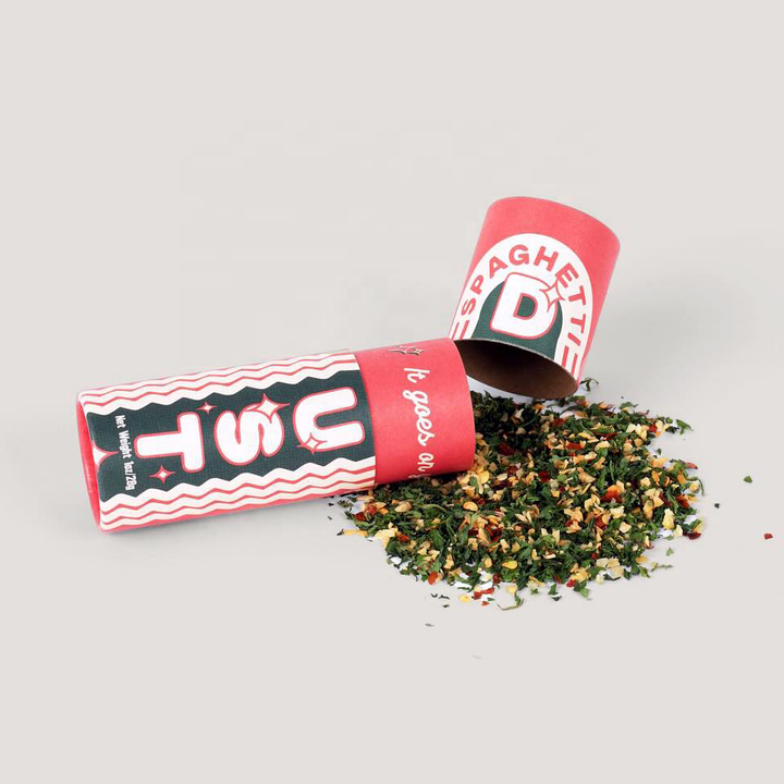 Экологичная круглая коробка для туб ручной работы для пищевых продуктов. Изготовленная на заказ бумажная упаковка для туб для специй. Биоразлагаемая туба для соли.